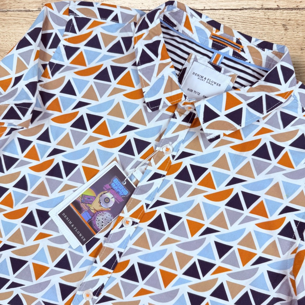 DENIM & FLOWER Kids Short Sleeve Geometric Button‎ Down Shirt Size 11/12 NWT